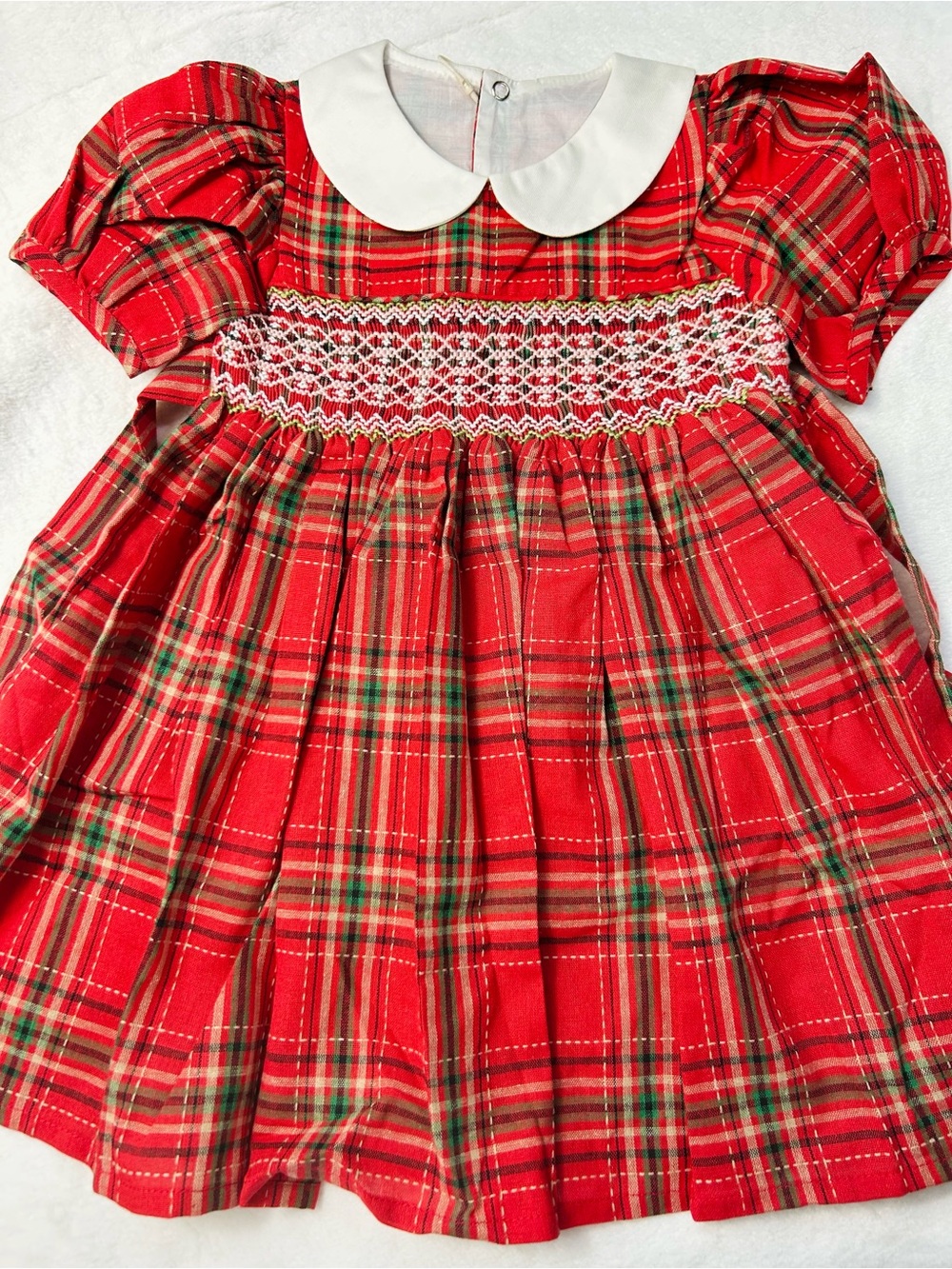Classic Red Plaid Smocked Kids Dress with Peter Pan Collar